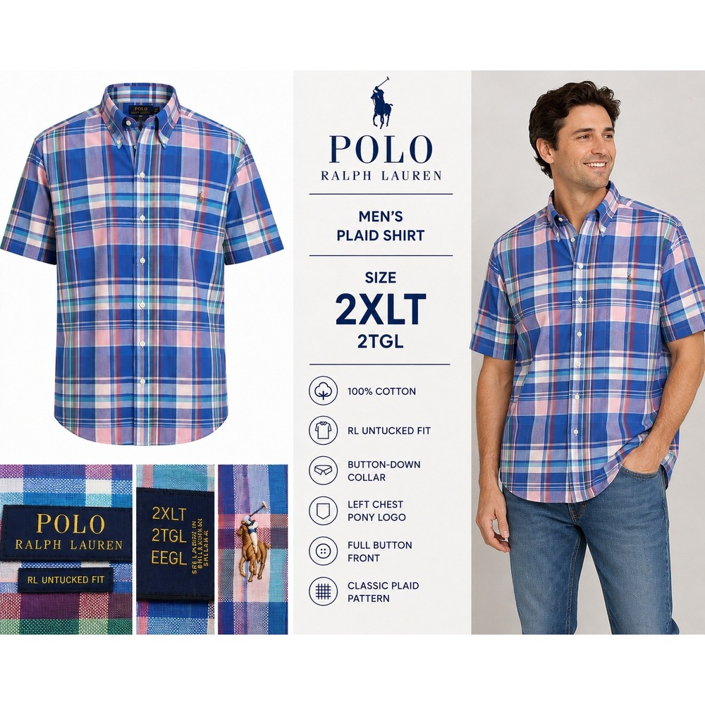 Polo Ralph Lauren Camp Shirt Mens 2XLT Plaid Blue Untucked Fit S/S Flesh Pony